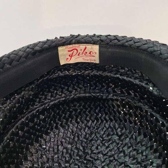 Vintage Piko Montreal New York Black Woven Straw Hat With Velvet Bow Accent Wome - Picture 14 of 14
